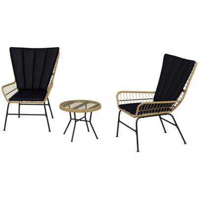 Outsunny 3-Piece Rattan Garden Set, Garden Furniture Set With 2 Chairs And Side Table, Hard Glass Top And Cushions