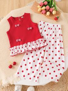 2pcs/Set Young Girl Outfit, Spring/Summer New, Ruffled Butterfly Decor Top + Loose Polka Dot Print Pants, Suitable Gift For Little Girls - Red - View 1