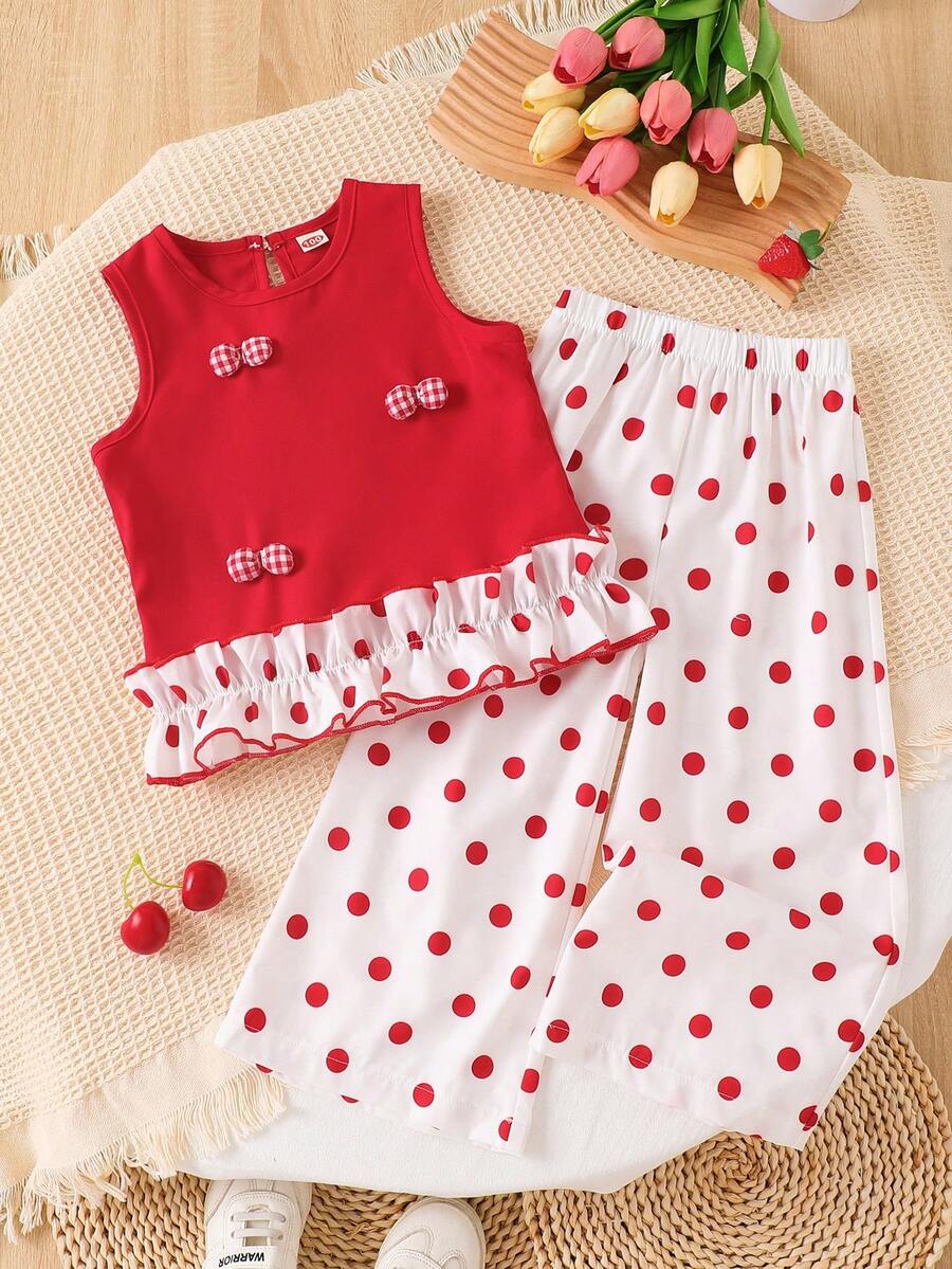 2pcs/Set Young Girl Outfit, Spring/Summer New, Ruffled Butterfly Decor Top + Loose Polka Dot Print Pants, Suitable Gift For Little Girls - Red - View 1