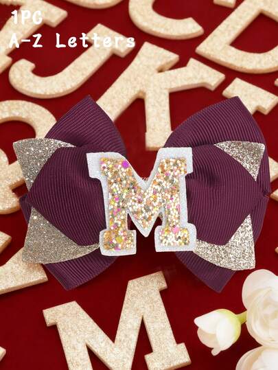 1pc Pearl 26 Letter Fashion Glitter Bowknot Hair Clip, Selectable A-Z Name Initial Large Upturned Hair Clip, Gift For Girls & Teenagers