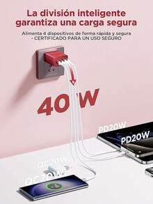 Aioneus Cargador Tipo C, Cargador USB C Carga Rápida 40W Cubo PD+QC Rapido 4-Puertos Adaptador con Cable 2M 60W, USB A y USBC Charger para iPhone 16 15 14 13 12 11 Pro MAX XS XR, Galaxy S25 S24 - rojo - Ver 2