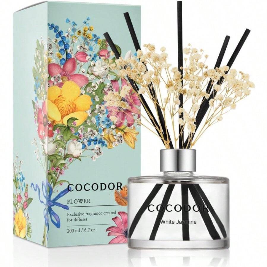 COCODOR Flower Reed Diffuser Set 6.7oz White Jasmine Scent Diffuser With Sticks Home Fragrance Reed Diffuser For Bathroom Shelf Decor Holiday Gifts - WhiteJasmine - View 1