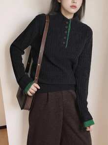 Alicedudu 女士秋冬简约撞色设计半拉链立领毛衣 - 深灰 - 查看 3