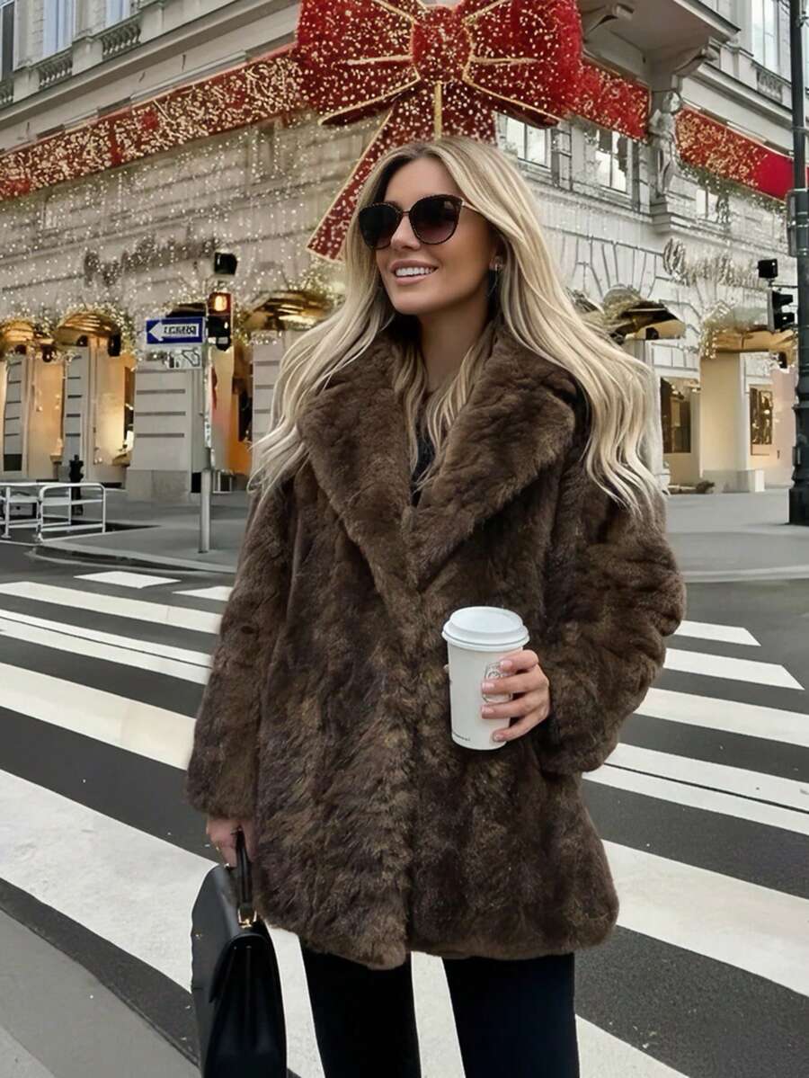 2025 Winter New Christmas & New Year Faux Fur Collar Vintage Loose Long Sleeve Faux Fur Coat For Women - Coffee Brown - View 1