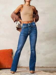 Women's Elastic Denim Jeans With Double Button Design, & Versatile Flared Leg - Medium Wash - View 5