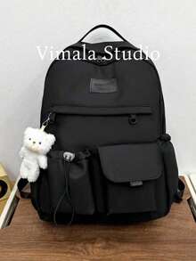 1pc Bear Pendant Decorated Large Capacity Casual Fashionable Black Backpack Suitable For Daily Use,School And OutingSchool BackpackLarge CapacityFor Women College StudentsMiddle School,High School,Back To School,School Backpack