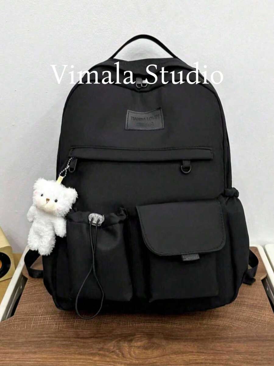 1pc Bear Pendant Decorated Large Capacity Casual Fashionable Black Backpack Suitable For Daily Use,School And OutingSchool BackpackLarge CapacityFor Women College StudentsMiddle School,High School,Back To School,School Backpack