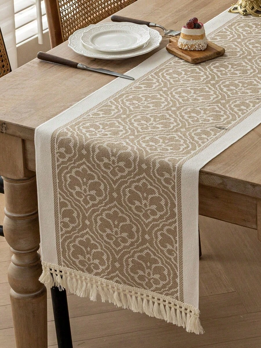 1pc Rectangular Polyester Table Runner With Colorful Tassel Fringe Decor, Kitchen/Living Room Home Decor