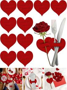 24/12/6 piezas Bolsa de almacenamiento de cubiertos con forma de corazón, Juego de cubiertos con forma de corazón de fieltro para fiesta de citas, Juego de cubiertos con forma de corazón de fieltro rojo, Decoración de mesa para el Día de San Valentín, Bolsa de cubiertos, Juego de cubiertos, Romántico y sencillo juego temático de bosque para boda del Día de San Valentín, Decoración de habitación, Decoración del hogar - Multicolor - Ver 2
