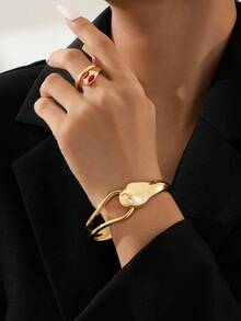 2件套时尚创意百搭加厚金属水滴蛇头手链戒指首饰套装，弹簧扣设计，适合日常搭配，嘻哈朋克街头风格，饰品 - 幾何套裝 - 查看 1