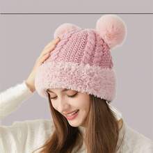 1pc Women's Cute Winter Pom-Pom Knit Hat, Retro Thickened Twisted Pom-Pom Earmuff Hat, Solid Color Casual Elegant Bohemian Street Style, Polyester Material, Autumn And Winter Style - 彩色 - 查看 9