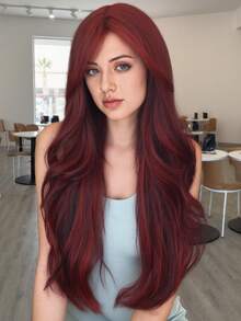 1 Piece Curly Synthetic Hair Wig With Bangs, Burgundy Long Wavy Heat Resistant Fiber Wig For Girls' Parties Or Daily Use - Multicolor - View 11