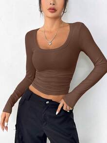 Women Spring And Fall Long Sleeve Shirts Clothes Cute Going Out Tops Ribbed Tight Fitted Plain Basic Tee Tshirts Vacation Outfits For Women - Nâu sẫm - Xem 3