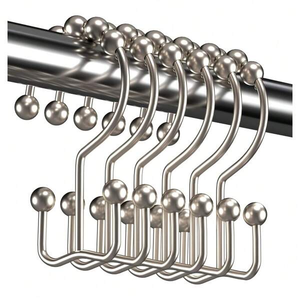 12Pcs Shower Curtain Hooks Rings, Metal Double Glide Shower Hooks Rings For Bathroom Shower Rods Curtains, Rust Proof Shower Curtain Hooks, Nickel