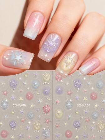 2 Pieces Of Winter Snowflake Relief Nail Art Stickers - Christmas, New Year, Valentine's Day Cartoon Santa Claus, Snowman, Dopamine Hollow Star, Heart, Necklace, Leopard Print, Fireworks, Red Apple, Lion Head, Lucky Bag DIY Art Design, Suitable For Women's Daily, Wedding, Party, Holiday Disposable Adhesive Nail Art Stickers, Cartoon, Cute Theme Style, Easy To Stick Nail Salon Decoration Stickers