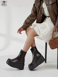 DESAI 1 Pair Women's Chunky Heel Chelsea Ankle Boots, British Style Short Boots, High Heel Boots With Side Zipper Design - Dark Brown - View 3