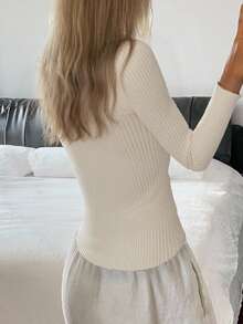 Solid Ribbed Knit Sweater,Long Sleeve Tops,Fall Clothes - White - View 3