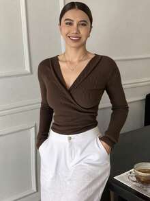 Livesso Women's Warm Fleece Crossed T-Shirt, Fall Clothes Long Sleeve Women Tops, Thermal Lined,Winter - Rust Brown - View 6