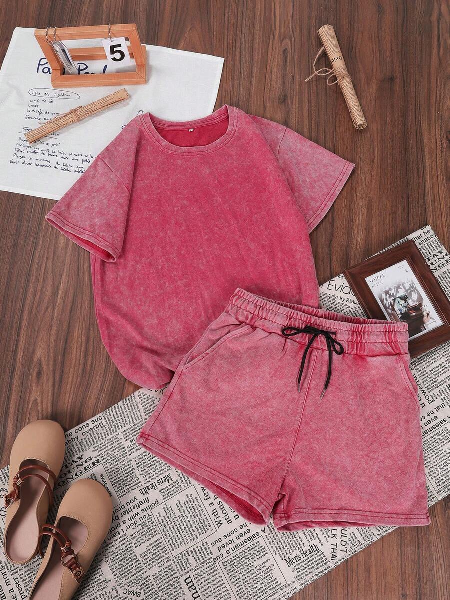 LQTY 棉质，夏季女士纯色街头时尚，韩版舒适复古基本款时尚通勤百搭 Y2k 服装女装，适合户外休闲，常规小众朋克风格红色修身圆领短袖水洗 T 恤短裤两件套 - 紅色 - 查看 1