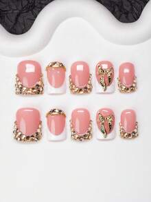 10片/套 手工方形美甲贴片，法式贴片，蝴蝶结和水钻装饰，Y2K 酷炫风格，裸色和白色，适合派对、婚礼、日常佩戴，包含美甲工具，是送给女性和女孩的绝佳礼物。 - 彩色 - 查看 2