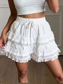 Livesso Women Lace Patchwork Short Elegant Shorts, White, All Season,Skorts Fall - White - View 2