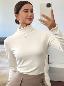 Livesso 纯色高领长袖女式上衣 - 杏色 - 查看 4