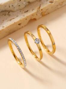 3pcs/Set Fashionable Luxury Delicate Stainless Steel Rhinestone & Cubic Zirconia Rings Set, Suitable For Teenagers Daily Wear And Gift - Ring - View 4