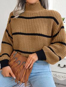 Casual Striped Lantern Sleeve Half High Neck Knitted Sweater Mujer Nuevo jersey de punto con cuello medio alto, estilo europeo y americano, para mujer, prenda exterior, a rayas, colores contrastados, moderno, cálido, cómodo, holgado, cuello alto. - Caqui - Ver 5