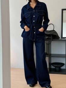 DAZY 秋冬新款宽松休闲做旧水洗收腰女式牛仔套装 - 藍色 - 查看 6