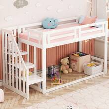 Children's Bed 90*200cm, Low Bunk Bed With Ladder, Solid Wood Bed Frame With Slatted Sides, White - White + Solid Wood - View 9