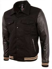 Men's Wool Real Leather Bomber Jacket V3CS - Black - View 2