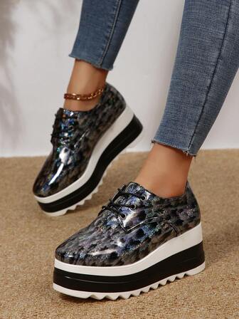Leopard Print Patent Leather Platform Lace-Up Thick Sole Wedge Heels & Thick Sole Shoes For Women, All Season