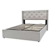 Hydraulic Double Upholstered Bed 160x200cm, Bed With Slatted Base Made Of Metal Frame, Modern Bed Frame With Storage Space, Cotton, Light Grey