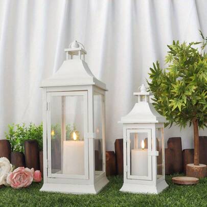 2pcs JHY DESIGN Metal Decorative Candle Lanterns, Floor Mount, No Electricity Needed, For Garden, Living Room, Indoor/Outdoor, Parties, Weddings, Vintage Hanging Tower Lantern Candle Holders - White