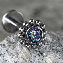 Giga 1PC ASTM F136 钛金属 16G 迷你串珠唇钉，无螺纹 CZ 花朵平底耳钉，适用于耳屏、耳软骨、耳廓、鼻部等部位的穿孔，经典款，女士适用 - 銀色 - 查看 10