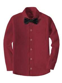 6-16岁男童长袖衬衫，婚礼正装衬衫，派对衬衫，带口袋和领带，酒红色 - 酒紅色 - 查看 3