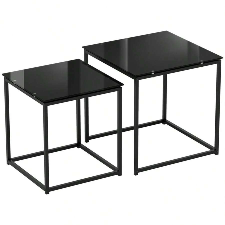 HOMCOM Set di 2 tavolini laterali, tavolino da caffè con piano in vetro, tavolino quadrato in acciaio nero per soggiorno - 1 - Visualizzare 1