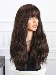 Perfect Natural Bend Wavy Long Curly Wig Synthetic Woven Chemical Fiber Wig With Bangs Perfect For Holiday Travel Family Gatherings Christmas Everyday Wear - Dark Brown - View 5