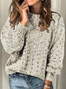 女士休闲撞色圆领长袖喇叭袖口毛衣，秋冬款