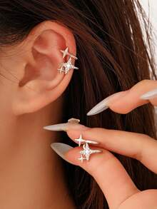 1pc Personalized Four-Pointed Star Ear Cuff, Elegant Niche Design, Luxury Women Earring - Silver Star - View 3