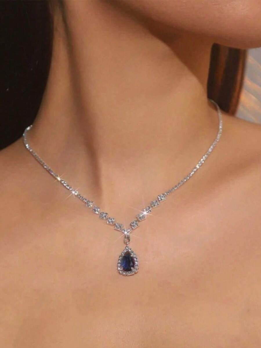 Dây chuyền mặt hình giọt nước Cubic Zirconia màu xanh navy cổ điển, Dây chuyền phong cách tiệc tùng thanh lịch dành cho nữ, Dây chuyền quà tặng tinh tế - màu xanh vàng - Xem 1