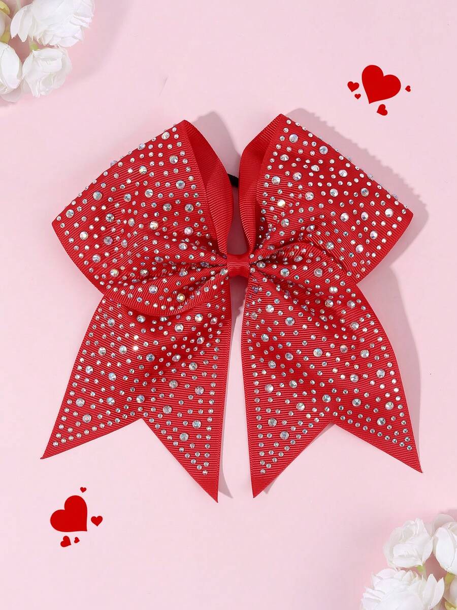 1pc World Cup Large Glitter Cheer Bow With Full Rhinestones, Back-To-School Large Bow Scrunchies, Colorful Shimmer Shiny Cheer Hair Bow, Elastic Band Ponytail Holder For Cheerleader Girls Sports, Red And White Hair Accessories. - Multicolor - View 1