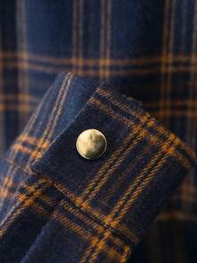 YUXIN 女春夏复古格子衬衫翻领长袖宽松日常通勤/休闲出游透气修身百搭上衣 - 藍色 - 查看 12