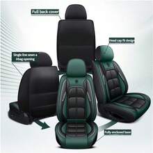 Chic Black & Orange Contrast Faux Leather 5-Seater Full Coverage Car Seat Covers - Emblem & Lettering Stitching Design Universal Fit Auto Seat Protectors - 橘色五座 - 查看 10