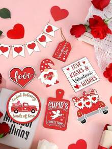 12-Piece Valentine's Day Bright Red Wooden Decor Set - Charming Assorted Designs (Heart/Gnome/Cupid/Truck Accents + "Love/Kisses & Wishes" Romantic Slogans), Durable Unfinished Wood Material, Battery-Free Tabletop/Party Decor Supplies, Festive Valentine's Day Decor Accents (Tray Not Included) - Multicolor - View 2