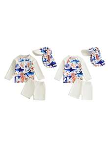 2Pcs Toddler Girls Boys Swimsuit Set Dolphin Print Stand Collar Long Sleeve Tops Shorts And Hat Rash Guard Swimwear
