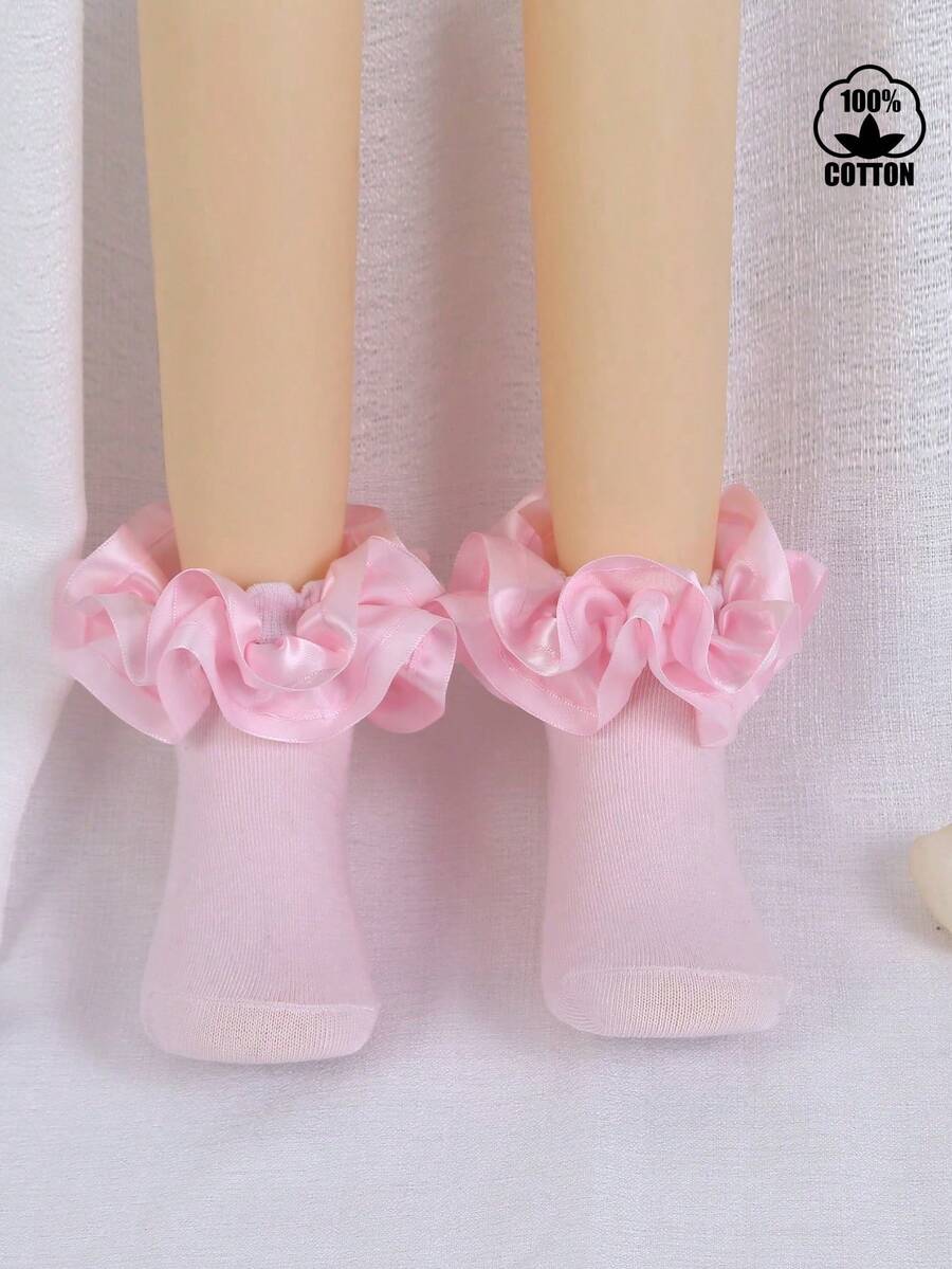 1双女婴纯棉透气蕾丝荷叶边公主舞蹈袜 - 粉色 - 查看 1