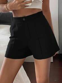 Livesso Quần short lưng cao họa tiết sọc tăm đơn sắc thoải mái cho nữ - màu đen - Xem 4