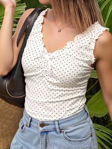 Livesso 韩版女式波点无袖蝴蝶结上衣外出上装 - 杏色 - 查看 2