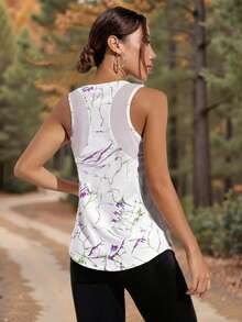 大码女式夏季新款白色碎花印花健身运动背心，轻盈速干瑜伽无袖运动衫，宽松罩衫女式网眼拼接露背背心，透气健身运动服女式运动T恤，女式万圣节图案T恤 - 白色 - 查看 1